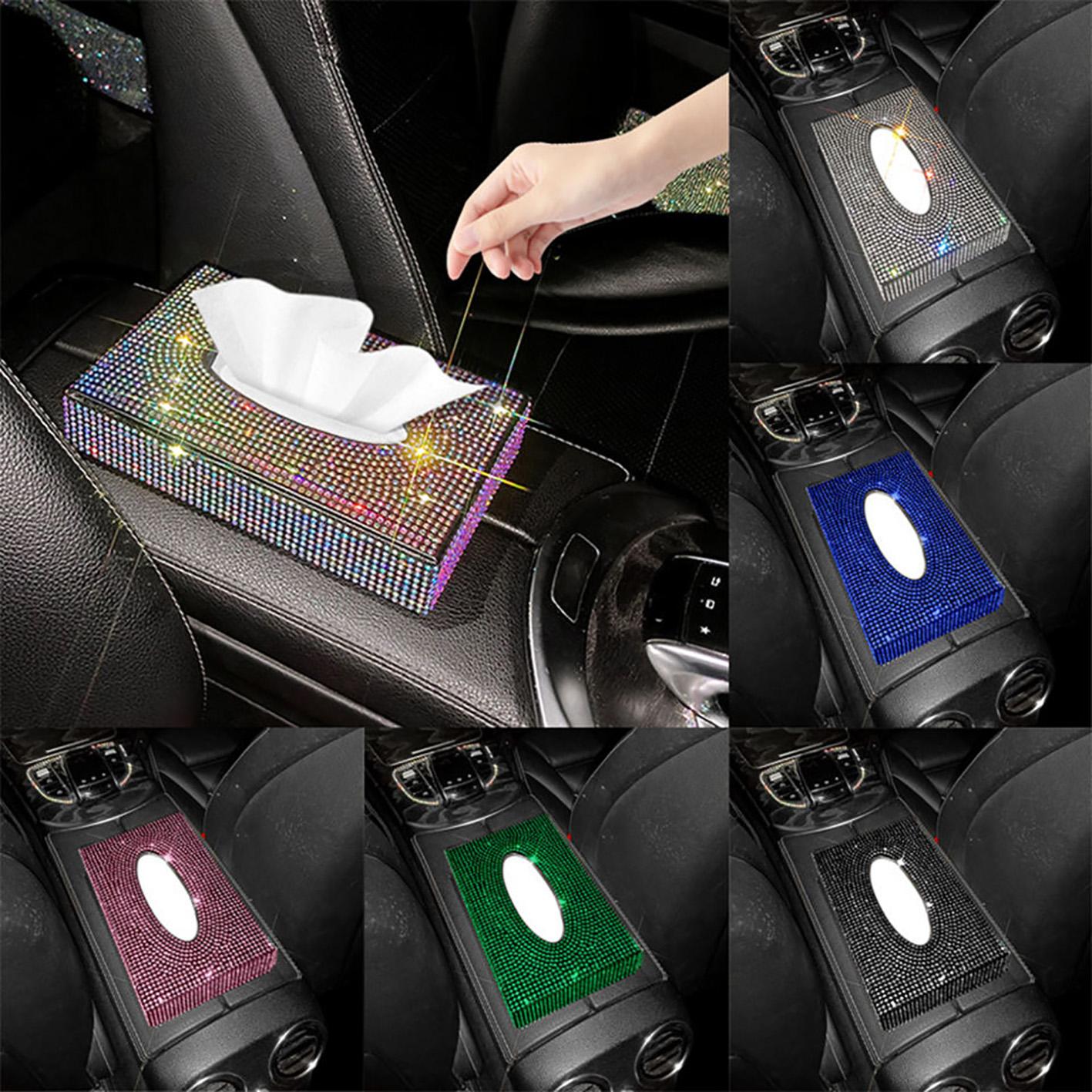 Hot sale car accessories crystal tissue holder bathroom fancy rhinestone tissue box decoration